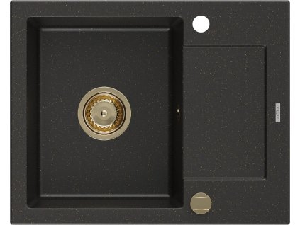 MEXEN/S - Enzo granitový dřez 1 s odkapávačem 576x465 mm, černá/zlatá metalik,+ zlatý sifon 6506571005-75-G
