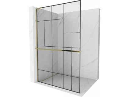 MEXEN/S - Kioto+ L Sprchová zástěna WALK-IN s poličkou a držákem ručníků 80 x 200 cm, černý vzor, zlatá 800-080-123-50-78