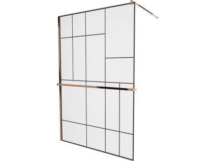 MEXEN/S - KIOTO Sprchová zástěna WALK-IN s poličkou a držákem ručníků 90 x 200, transparent/černá 8 mm, růžové zlato 800-090-121-60-78