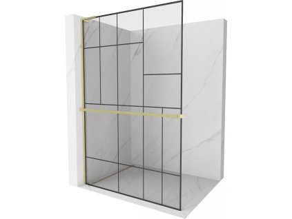 MEXEN/S - Kioto+ L Sprchová zástěna WALK-IN s poličkou a držákem ručníků 80 x 200 cm, černý vzor, zlatá kartáčovaná 800-080-123-55-78