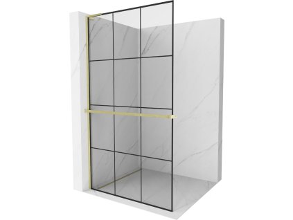 MEXEN/S - Kioto+ L Sprchová zástěna WALK-IN s poličkou a držákem ručníků 100 x 200 cm, černý vzor, zlatá kartáčovaná 800-100-123-55-77