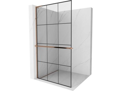MEXEN/S - Kioto+ L Sprchová zástěna WALK-IN s poličkou a držákem ručníků 100 x 200 cm, černý vzor, růžové zlato 800-100-123-60-77