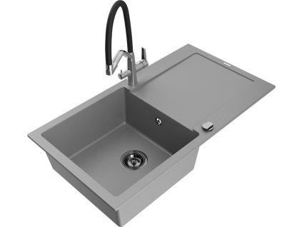 MEXEN/S - Leo granitový dřez 1-miska s odkapávačem včetně baterie Duo, šedá 6501-71-671701-07-B