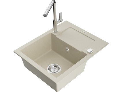 MEXEN/S - Enzo granitový dřez 1-miska s odkapávačem včetně baterie Flora, béžová 6506-69-670401-00