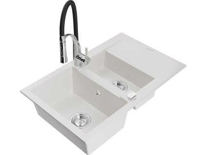 MEXEN/S - Gaspar granitový dřez 1.5 s odkapávačem včetně baterie Aster, bílá 6507-20-73450-07