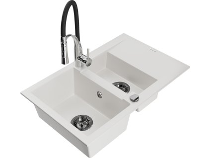 MEXEN/S - Gaspar granitový dřez 1.5 s odkapávačem včetně baterie Aster, bílá 6507-20-73450-07-B