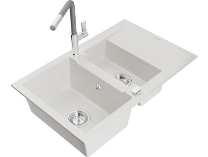 MEXEN/S - Gaspar granitový dřez 1.5 s odkapávačem včetně baterie Flora, bílá 6507-20-670401-06