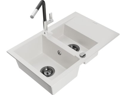MEXEN/S - Gaspar granitový dřez 1.5 s odkapávačem včetně baterie Flora, bílá 6507-20-670401-07-B