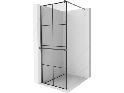 MEXEN/S - Kioto+ Sprchová zástěna WALK-IN s poličkou a držákem ručníků 70 x 200 cm, černý vzor, grafit kartáčovaná 800-070-121-66-77