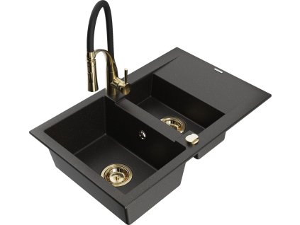 MEXEN/S - Gaspar granitový dřez 1.5 s odkapávačem včetně baterie Aster, černá/zlatá metalik 6507-75-73450-57-G