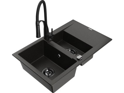 MEXEN/S - Gaspar granitový dřez 1.5 s odkapávačem včetně baterie Aster, černá/zlatá metalik 6507-75-73450-70-B