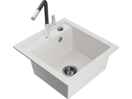 MEXEN/S - Vito granitový dřez 1-miska včetně baterie Flora, bílá 6503-20-670401-07-B
