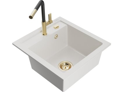 MEXEN/S - Vito granitový dřez 1-miska včetně baterie Flora, bílá 6503-20-670401-57-G