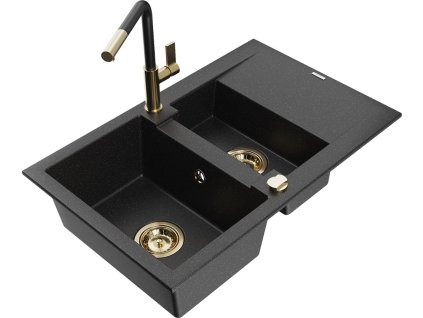 MEXEN/S - Gaspar granitový dřez 1.5 s odkapávačem včetně baterie Flora, černá/stříbrná 6507-73-670401-57-G