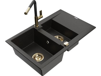 MEXEN/S - Gaspar granitový dřez 1.5 s odkapávačem včetně baterie Flora, černá/zlatá 6507-75-670401-57-G