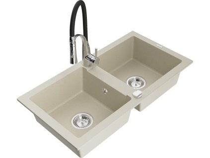 MEXEN/S - Mario granitový dřez 2-bowl včetně baterie Aster, bážová 6504-69-73450-07