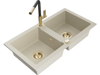 MEXEN/S - Mario granitový dřez 2-bowl včetně baterie Flora, béžová 6504-69-670401-57-G
