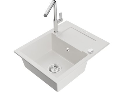 MEXEN/S - Enzo granitový dřez 1-miska s odkapávačem včetně baterie Flora, bílá 6506-20-670401-00