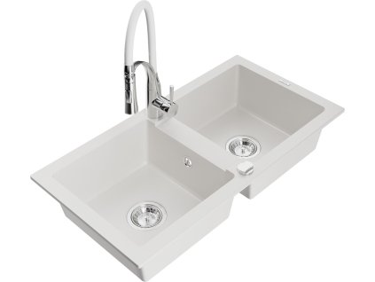 MEXEN/S - Mario granitový dřez 2-bowl včetně baterie Aster, bílá 6504-20-73450-02