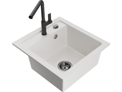 MEXEN/S - Vito granitový dřez 1-miska včetně baterie Flora, bílá 6503-20-670401-70-B