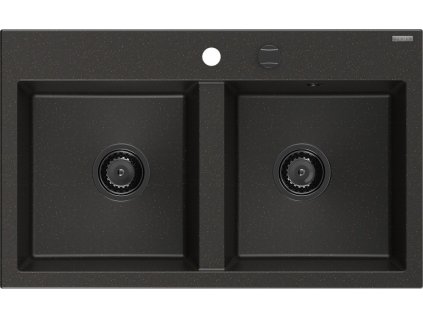 MEXEN/S - Hektor granitový dřez 2-bowl 800 x 480 mm, černá/zlatá metalik, černý sifon 6521802000-75-B
