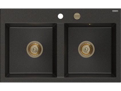 MEXEN/S - Hektor granitový dřez 2-bowl 800 x 480 mm, černá/zlatá metalik, zlatý sifon 6521802000-75-G