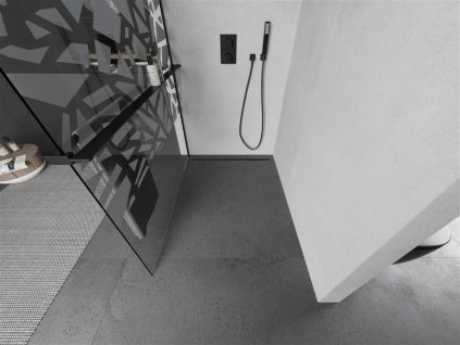 MEXEN/S - Kioto+ L Sprchová zástěna WALK-IN s poličkou a držákem ručníků 90 x 200 cm, bílý vzor, černá 800-090-123-70-85