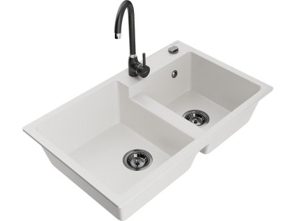 MEXEN/S - Tomas granitový dřez 2-bowl včetně baterie Telma, bílá 6516-20-670200-70