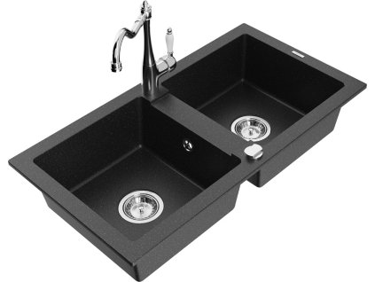 MEXEN/S - Mario granitový dřez 2-bowl včetně baterie Carla, černá/stříbrná metalik 6504-73-670700-00