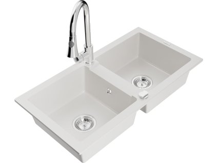 MEXEN/S - Mario granitový dřez 2-bowl včetně baterie Elia, bílá 6504-20-670101-00