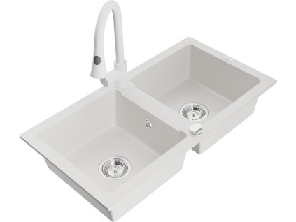 MEXEN/S - Mario granitový dřez 2-bowl včetně baterie Elia, bílá 6504-20-670101-20