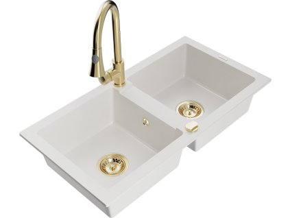 MEXEN/S - Mario granitový dřez 2-bowl včetně baterie Elia, bílá 6504-20-670101-50