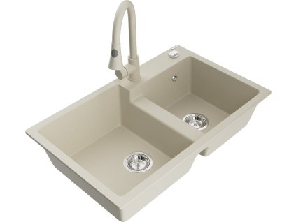 MEXEN/S - Tomas granitový dřez 2-bowl včetně baterie Elia, béžová 6516-69-670101-69