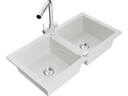 MEXEN/S - Mario granitový dřez 2-bowl včetně baterie Duero, bílá 6504-20-671600-00