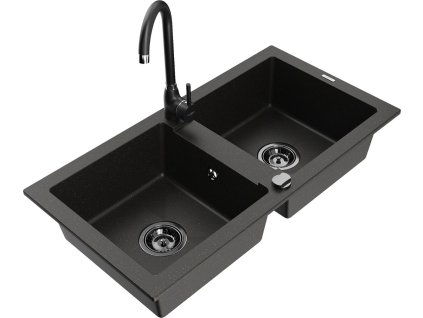 MEXEN/S - Mario granitový dřez 2-bowl včetně baterie Telma, černá/zlatá 6504-75-670200-70-B