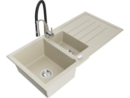 MEXEN/S - Andres granitový dřez s odkapávačem včetně baterie Aster, béžová 6515-69-73450-07