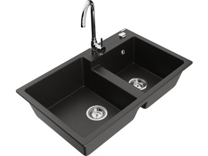MEXEN/S - Tomas granitový dřez 2-bowl včetně baterie Telma, černá/zlatá metalik 6516-75-670200-00