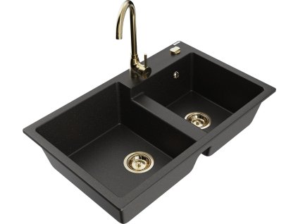 MEXEN/S - Tomas granitový dřez 2-bowl včetně baterie Telma, černá/zlatá metalik 6516-75-670200-50