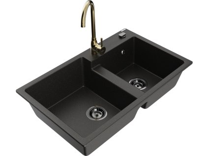 MEXEN/S - Tomas granitový dřez 2-bowl včetně baterie Telma, černá/zlatá metalik 6516-75-670200-50-B
