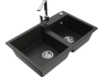 MEXEN/S - Tomas granitový dřez 2-bowl včetně baterie Rita, černá/zlatá metalik 6516-75-670300-00