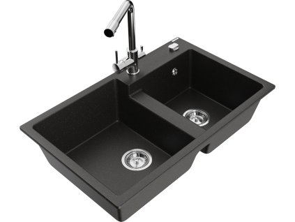 MEXEN/S - Tomas granitový dřez 2-bowl včetně baterie Duero, černá/zlatá metalik 6516-75-671600-00