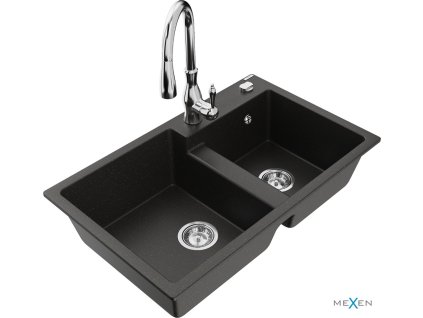 MEXEN/S - Tomas granitový dřez 2-bowl včetně baterie Savita, černá/zlatá metalik 6516-75-672601-00