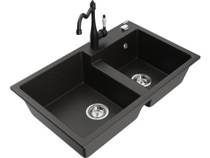 MEXEN/S - Tomas granitový dřez 2-bowl včetně baterie Carla, černá/zlatá metalik 6516-75-670700-70