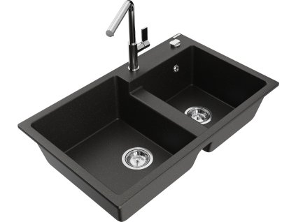 MEXEN/S - Tomas granitový dřez 2-bowl včetně baterie Flora, černá/zlatá metalik 6516-75-670401-00