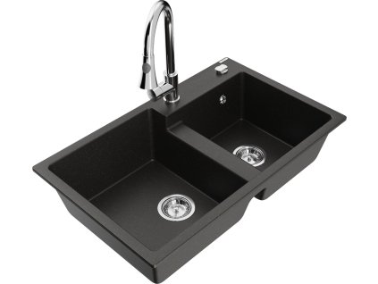 MEXEN/S - Tomas granitový dřez 2-bowl včetně baterie Elia, černá/zlatá metalik 6516-75-670101-00