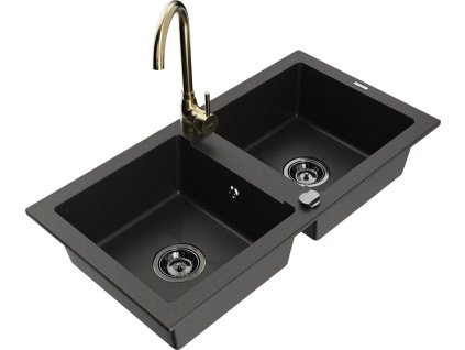 MEXEN/S - Mario granitový dřez 2-bowl včetně baterie Telma, černá/zlatá 6504-75-670200-50-B