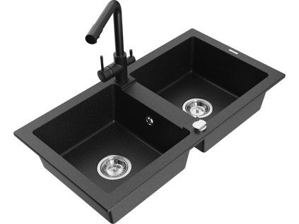 MEXEN/S - Mario granitový dřez 2-bowl včetně baterie Duero, černá/zlatá metalik 6504-75-671600-70