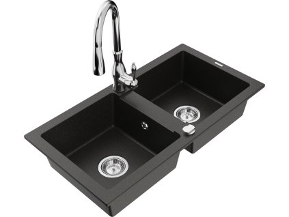 MEXEN/S - Mario granitový dřez 2-bowly včetně baterie Savita, černá/zlatá metalik 6504-75-672601-00