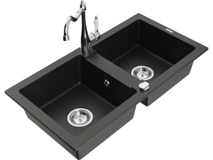 MEXEN/S - Mario granitový dřez 2-bowl včetně baterie Carla, černá/zlatá metalik 6504-75-670700-00