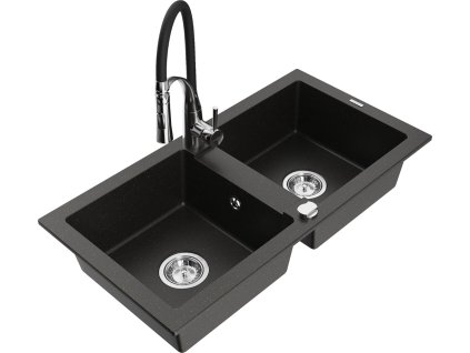 MEXEN/S - Mario granitový dřez 2-bowl včetně baterie Aster, černá/zlatá metalik 6504-75-73450-07